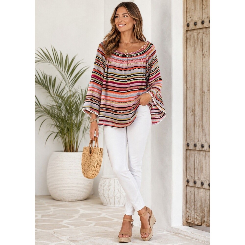 New Directions Boho Peasant Top L Bell Sleeve Festival Aztec Stripe Resort